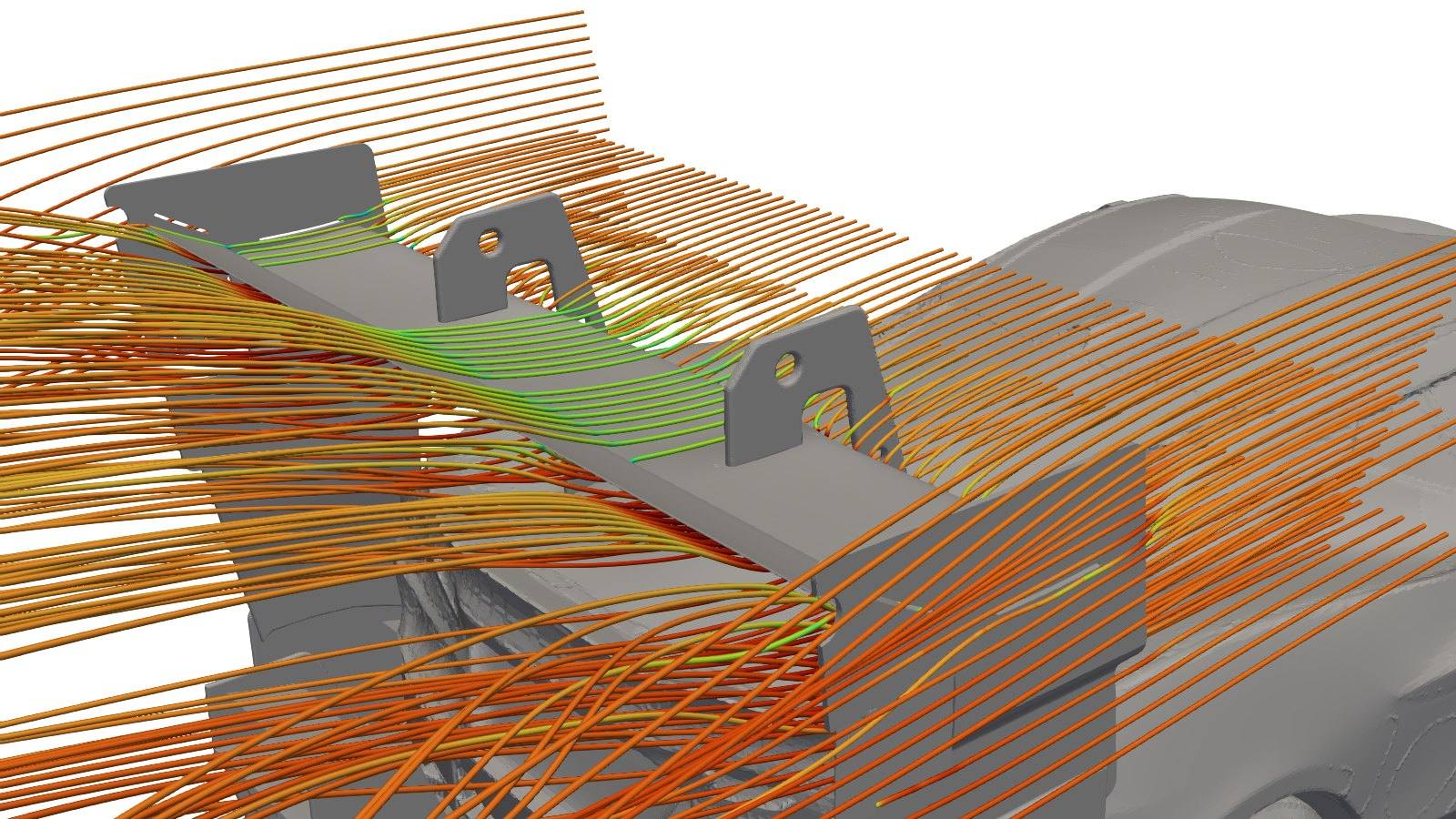 CFD streamlines over the rear wing of the Corvette C8 aero kit, coloured by local air speed relative to the free stream.