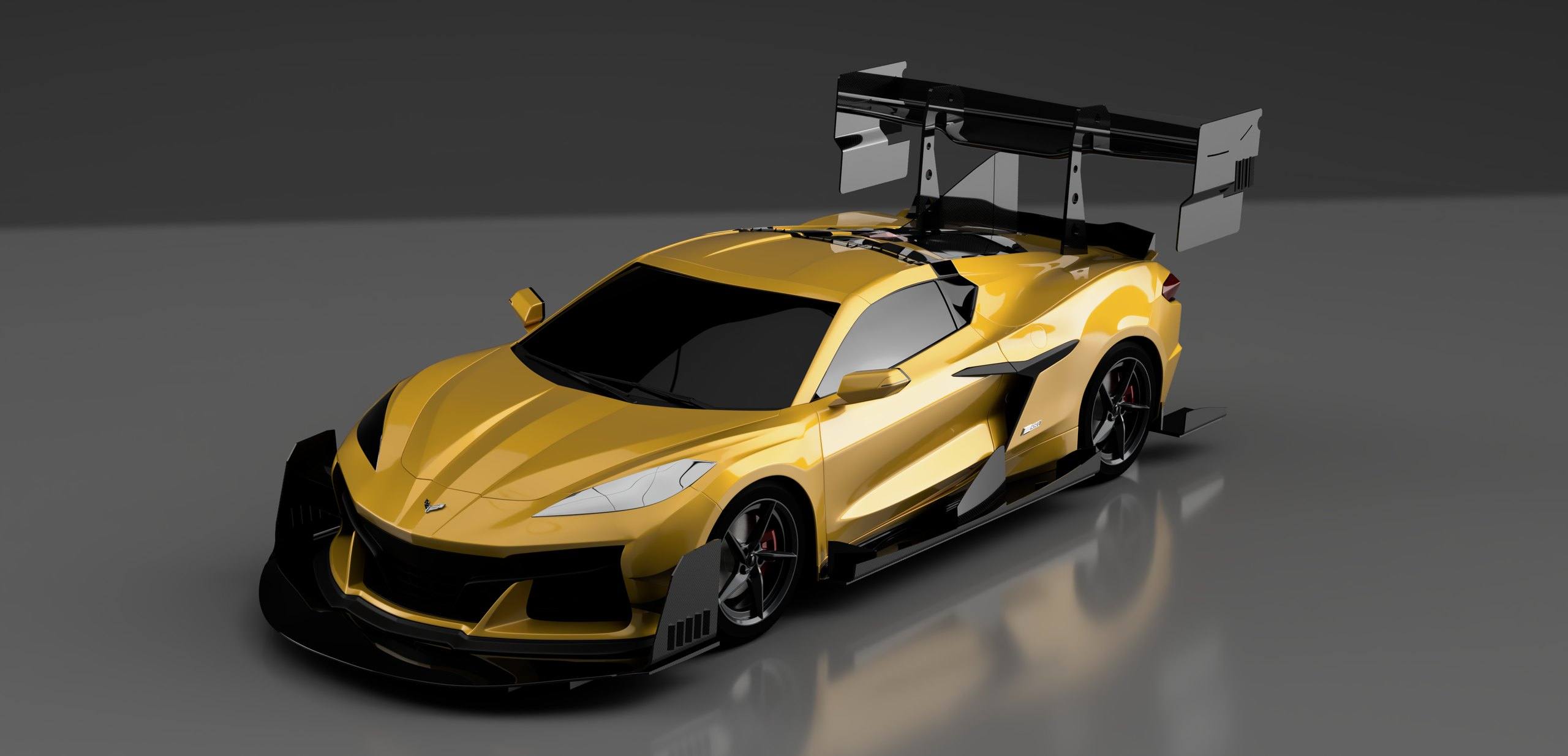 Design render of YD's Chevrolet Corvette C8 E-Ray aero kit — front splitter and dive planes, side blades, side skirts and a high-mount rear wing — in Accelerate Yellow with gloss carbon fibre.
