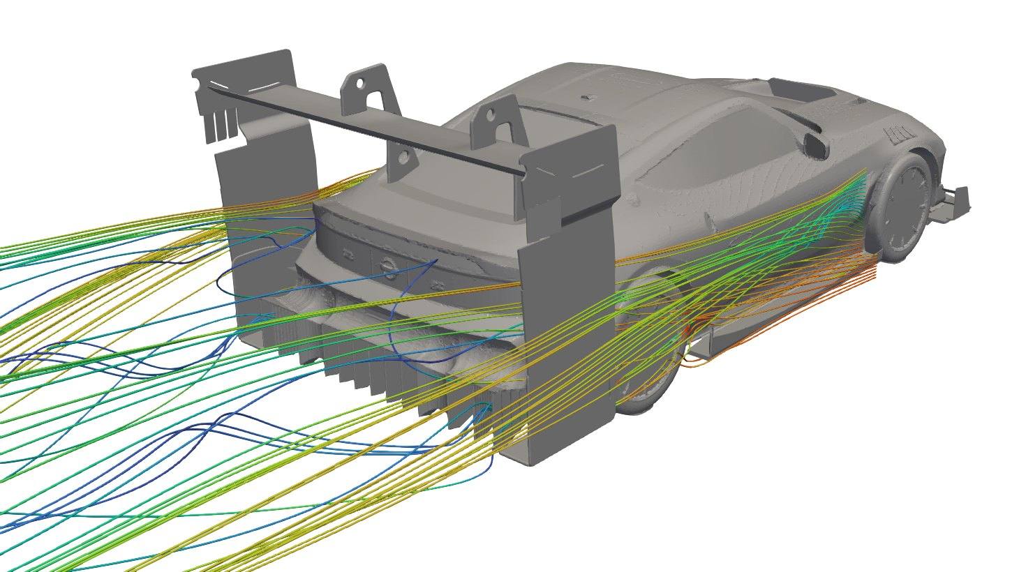 CFD streamlines around the Nissan Z NISMO fitted with the v5 aero kit at 200 km/h, rear three-quarter view, coloured by local air speed.