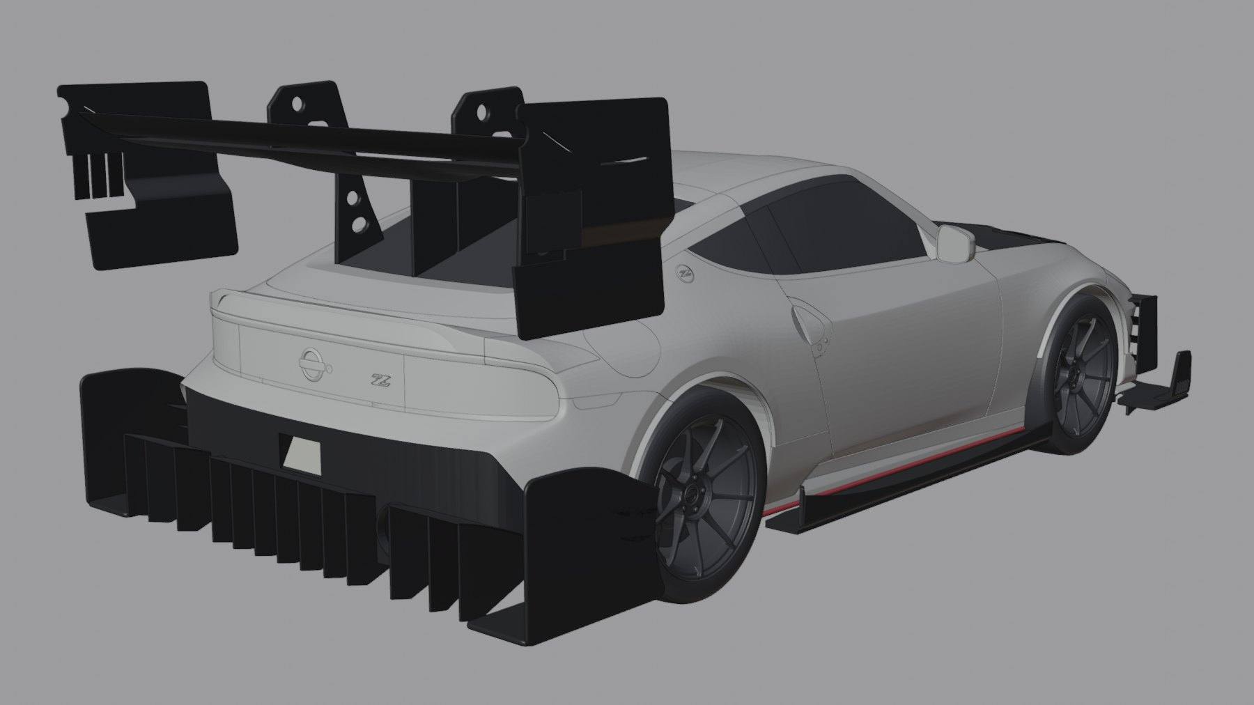Design render of the v5 aero kit for the Nissan Z NISMO, rear three-quarter view showing the rear wing with large endplates, multi-fin diffuser, side skirts and front dive planes.