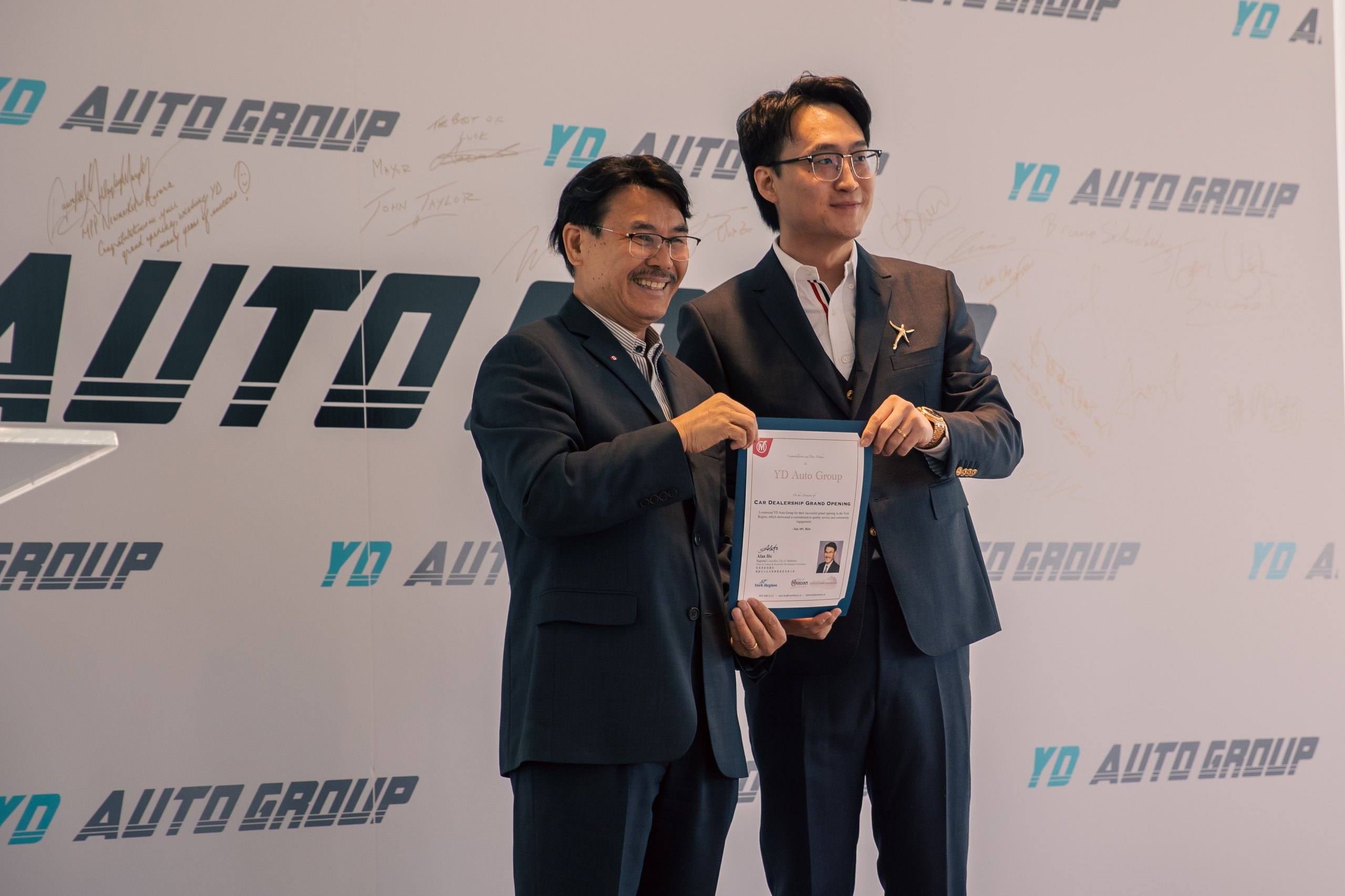 Certificate of congratulations from Alan Ho, Regional Councillor, City of Markham, presented to YD Auto Group for its car dealership grand opening on July 18, 2024.