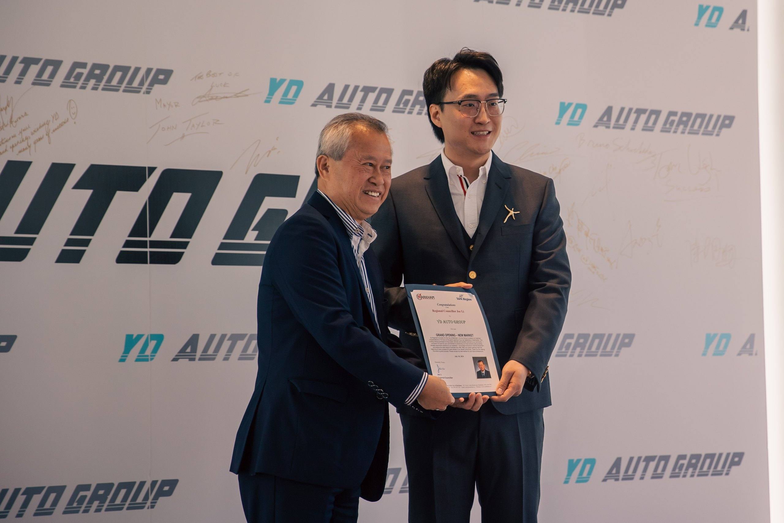 Certificate of congratulations from Regional Councillor Joe Li, City of Markham, presented to YD Auto Group at its Newmarket grand opening on July 18, 2024.